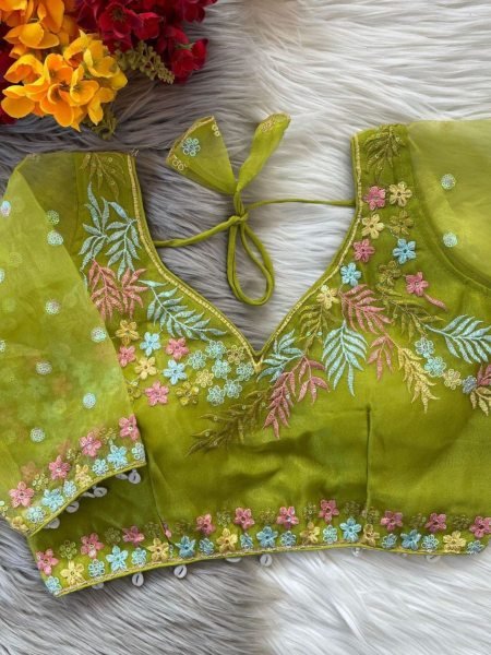 Readymade Partywear Blouse in Purple Green Net with Beads   Zari Work Best seller Deal 