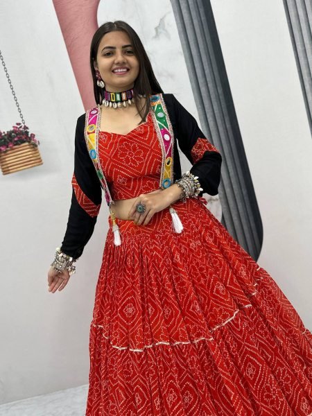 Red Bandhej Georgette Lehenga Choli with 9 Mtr Flair and Handwork Jacket for Garba Nights  Lehenga