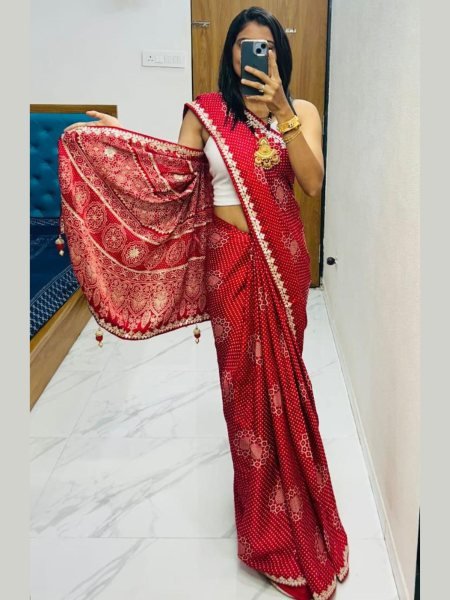 Red Bandhej Saree in Pure Gaji Silk with Traditional Lagdi Patta &  Hand Work Bandhej Sarees Wholesale