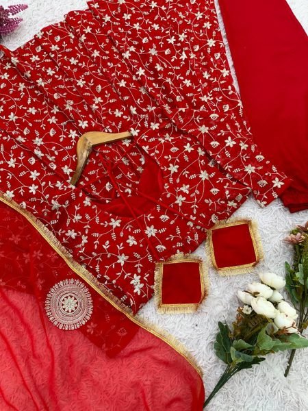 Red Blooming Georgette Anarkali Gown with Heavy Embroidery and 4 Mtr Flair Dupatta at Low Price Ready To Wear Collection