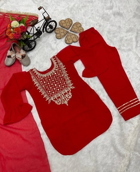 Red Color Embroidery Work Girls Dress  Girls Wear