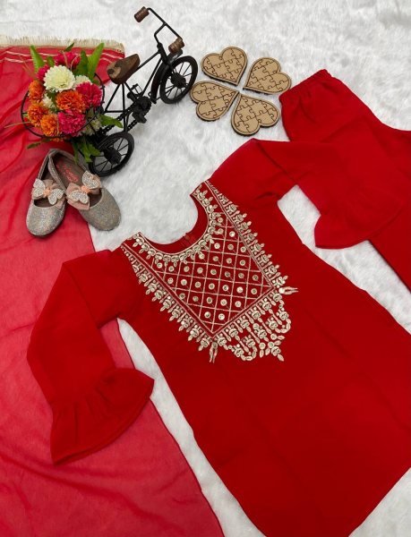 Red Color Embroidery Work Girls Dress  Girls Wear