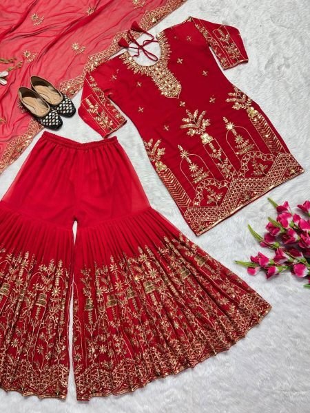 Red Color Faux Georgette Embroidery Work sarara Suit set  Ready To Wear Collection