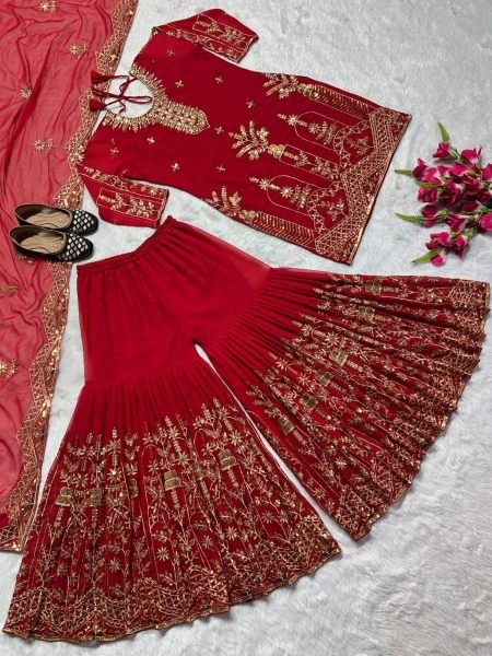 Red Color Faux Georgette Embroidery Work sarara Suit set  Ready To Wear Collection