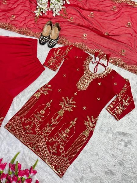 Red Color Faux Georgette Embroidery Work sarara Suit set  Ready To Wear Collection