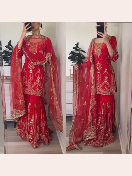 Red Color Faux Georgette Embroidery Work sarara Suit set  Ready To Wear Collection