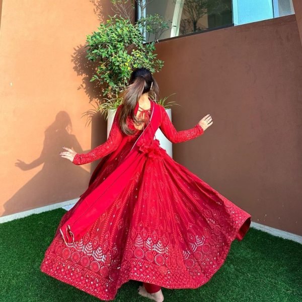 Red Color Fox Georgette Anarkali Gown With Dupatta   Sequence Work  Anarkali Kurtis 