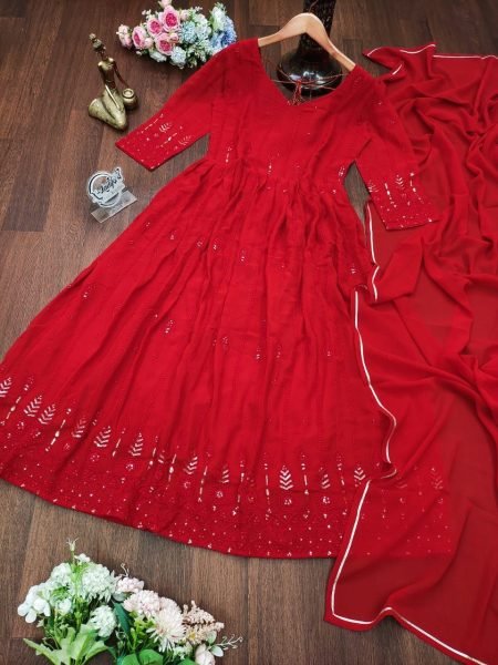 Red Color Fox Georgette Anarkali Gown With Dupatta   Sequence Work  Anarkali Kurtis 