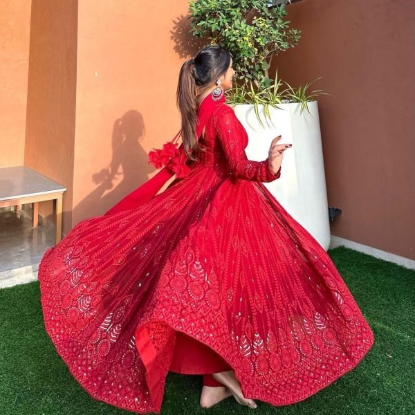 Red Color Fox Georgette Anarkali Gown With Dupatta   Sequence Work  Anarkali Kurtis 