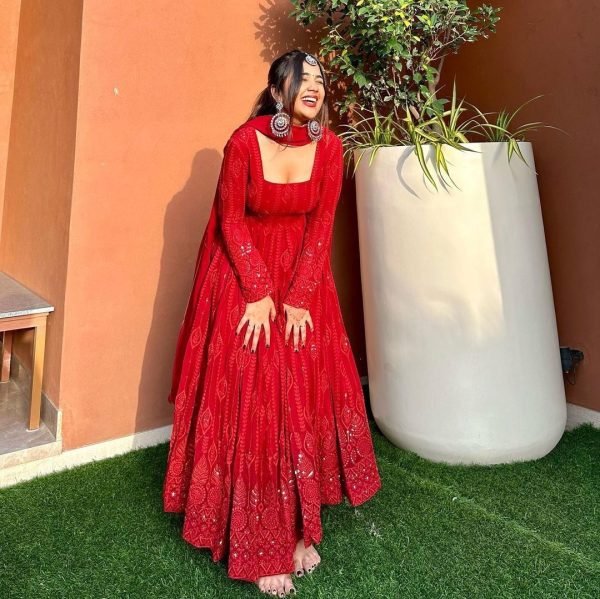 Red Color Fox Georgette Anarkali Gown With Dupatta   Sequence Work  Anarkali Kurtis 