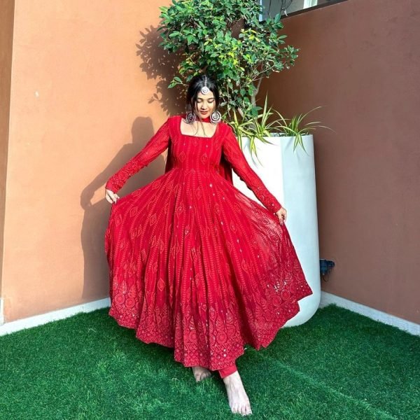 Red Color Fox Georgette Anarkali Gown With Dupatta   Sequence Work  Anarkali Kurtis 