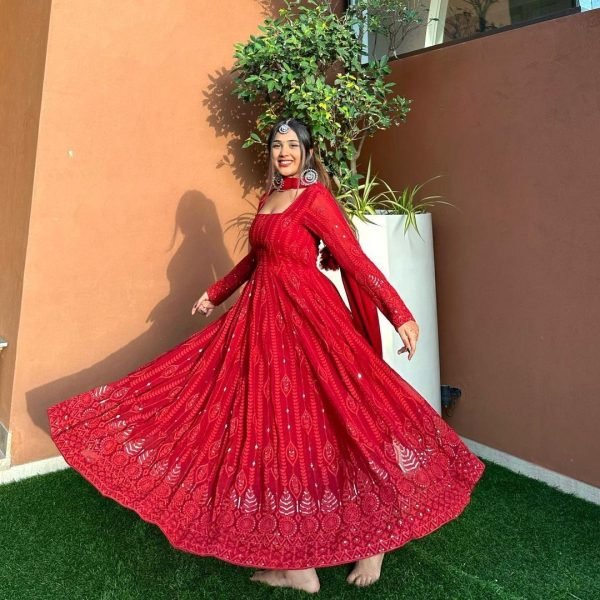Red Color Fox Georgette Anarkali Gown With Dupatta   Sequence Work  Anarkali Kurtis 