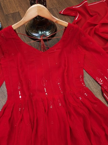 Red Color Fox Georgette Anarkali Gown With Dupatta   Sequence Work  Anarkali Kurtis 