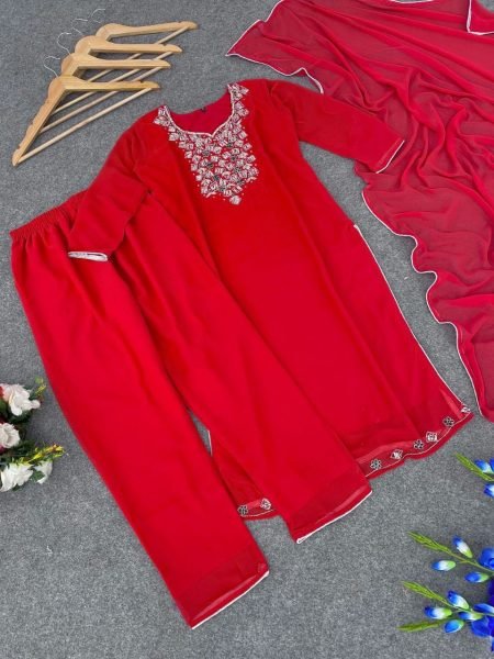 Red Color Fox Georgette Hand Work Kurti Pant With Dupatta  3 Piece Kurti Set