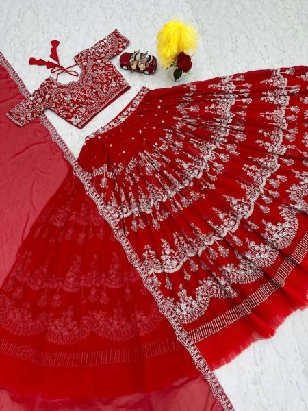 Red Color Fox Georgette Lehenga Choli With Embroidery Work  Designer Lehenga Choli
