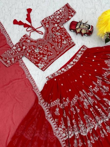 Red Color Fox Georgette Lehenga Choli With Embroidery Work  Designer Lehenga Choli