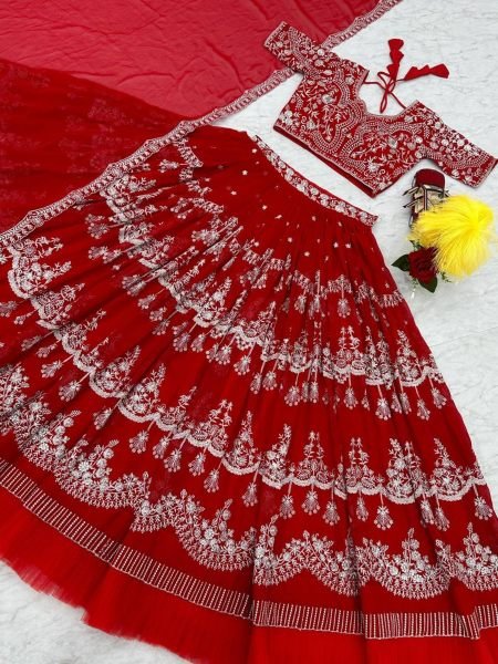 Red Color Fox Georgette Lehenga Choli With Embroidery Work  Designer Lehenga Choli