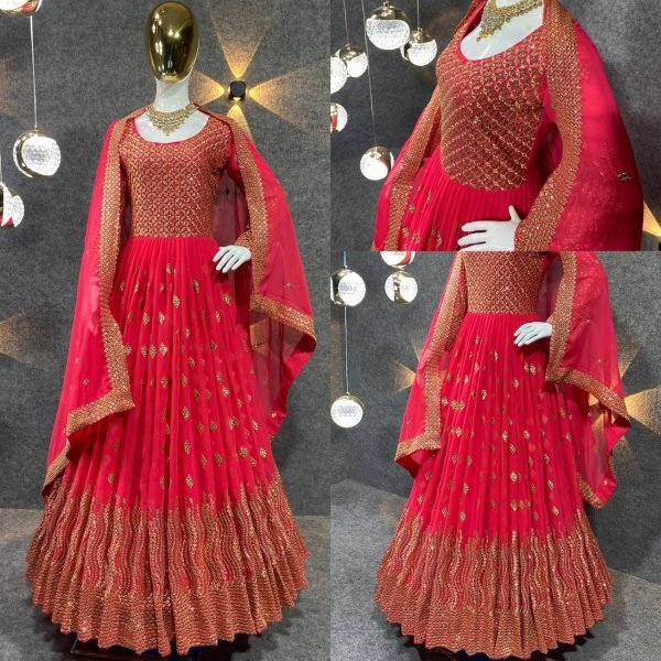 Red Color Fox Georgette With Embroidery Work Gown With Dupatta Ready To Wear Collection