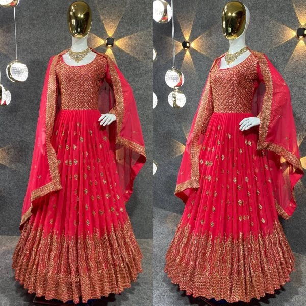 Red Color Fox Georgette With Embroidery Work Gown With Dupatta Ready To Wear Collection