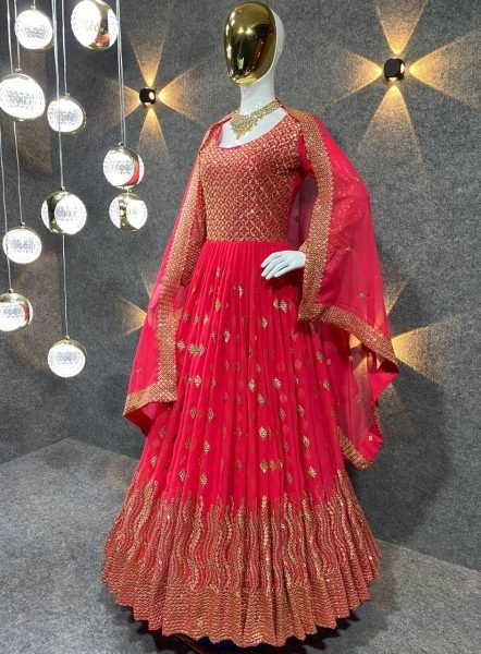 Red Color Fox Georgette With Embroidery Work Gown With Dupatta Ready To Wear Collection