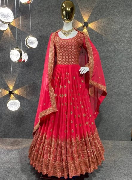 Red Color Fox Georgette With Embroidery Work Gown With Dupatta Ready To Wear Collection