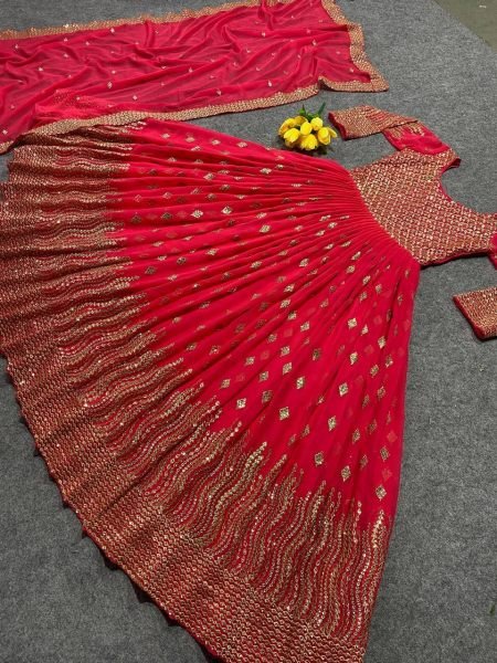 Red Color Fox Georgette With Embroidery Work Gown With Dupatta Ready To Wear Collection