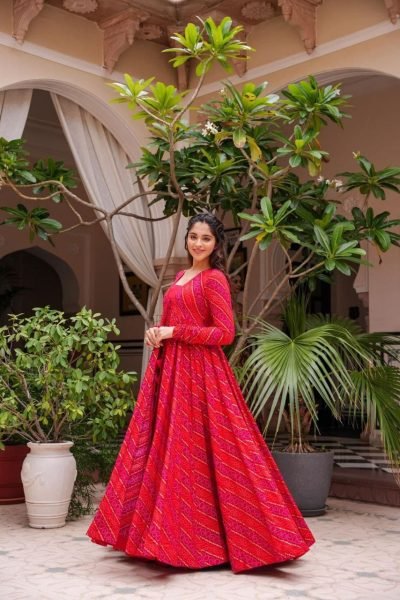 Red Color Georgette Fabric Plazzo Suit With Bandhani Print  3 Piece Kurti Set