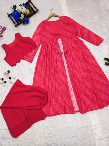  Red Color Georgette Fabric Plazzo Suit With Bandhani Print  3 Piece Kurti Set