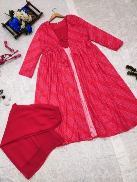  Red Color Georgette Fabric Plazzo Suit With Bandhani Print  3 Piece Kurti Set
