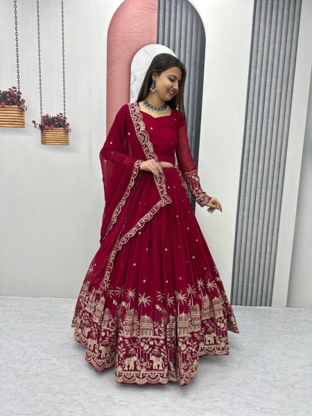 Red Color Lehenga Choli With Embroidery Sequence Work  Lehenga