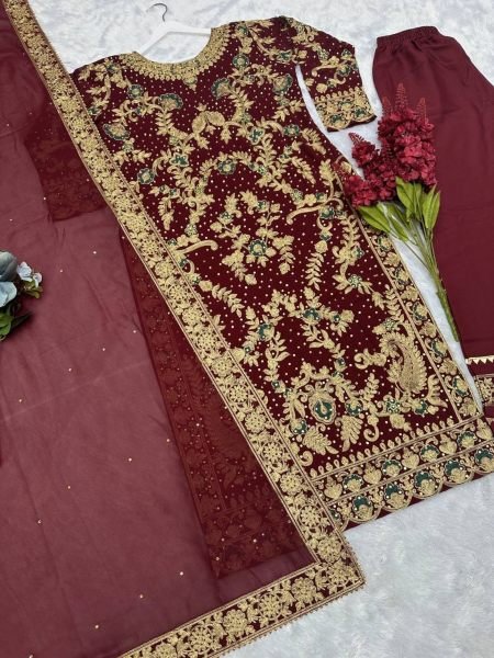 Red Color Super Hit Design Beautiful Heavy Embroidery Suit Set With Stone Work Dupatta Ready To Wear Collection