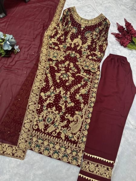 Red Color Super Hit Design Beautiful Heavy Embroidery Suit Set With Stone Work Dupatta Ready To Wear Collection