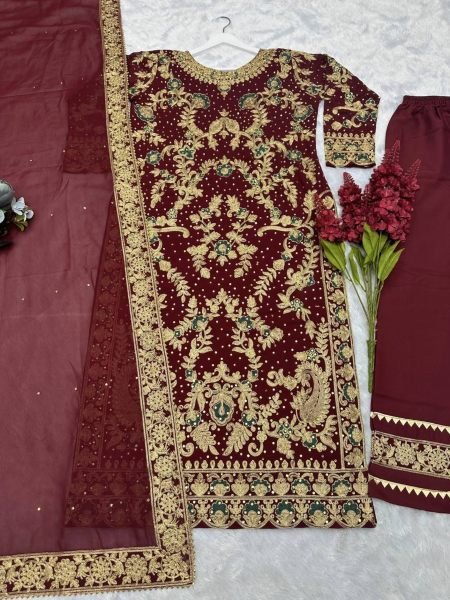Red Color Super Hit Design Beautiful Heavy Embroidery Suit Set With Stone Work Dupatta Ready To Wear Collection