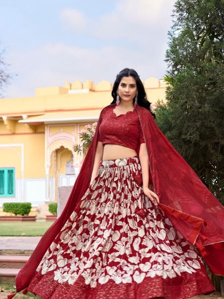 Red Color Tussar Silk Floral And Foil Printed Lehenga Choli Set 