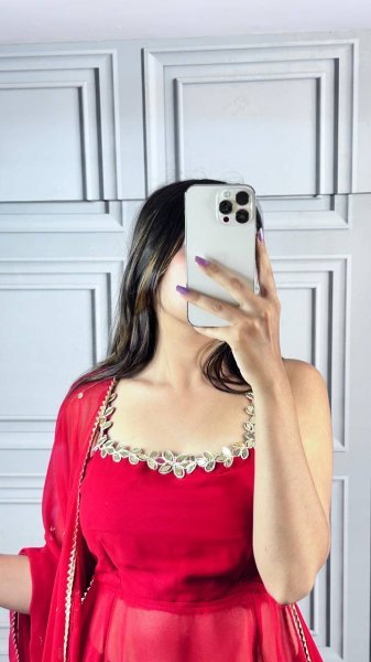 Red Designer Fox Georgette Gown Set with Palazzo Fully Stitched Anarkali Look for Parties Anarkali Kurtis 