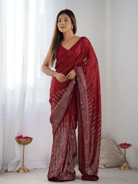 Red Designer Georgette Party Wear Saree with Sequin Embroidery Best Online Collection from Surat Supplier