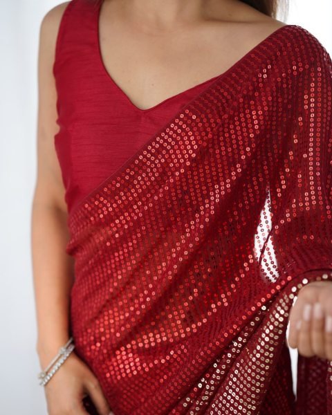 Red Designer Georgette Party Wear Saree with Sequin Embroidery Best Online Collection from Surat Supplier Georgette Sarees Wholesale