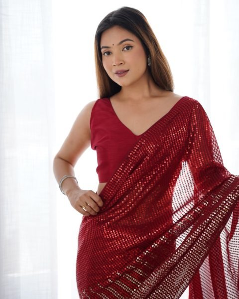 Red Designer Georgette Party Wear Saree with Sequin Embroidery Best Online Collection from Surat Supplier Georgette Sarees Wholesale