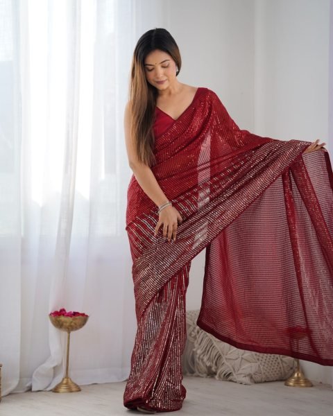 Red Designer Georgette Party Wear Saree with Sequin Embroidery Best Online Collection from Surat Supplier Georgette Sarees Wholesale