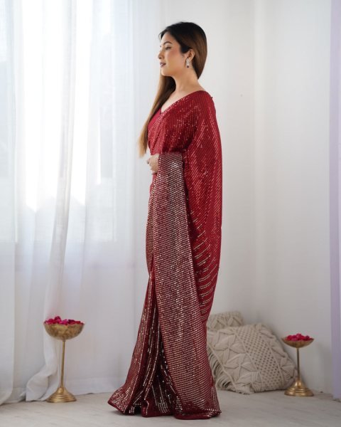 Red Designer Georgette Party Wear Saree with Sequin Embroidery Best Online Collection from Surat Supplier Georgette Sarees Wholesale