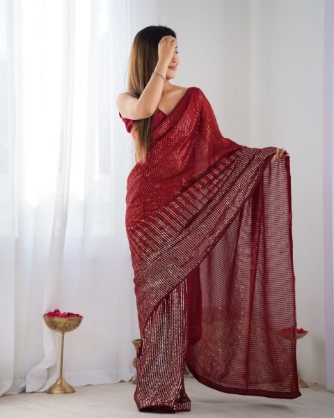 Red Designer Georgette Party Wear Saree with Sequin Embroidery Best Online Collection from Surat Supplier Georgette Sarees Wholesale