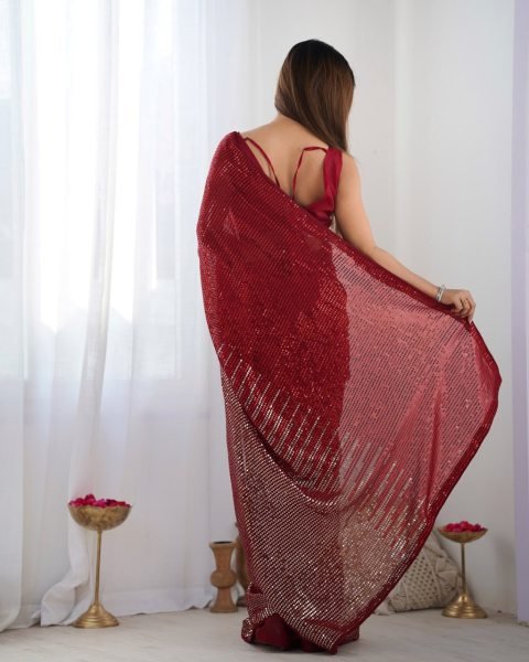 Red Designer Georgette Party Wear Saree with Sequin Embroidery Best Online Collection from Surat Supplier Georgette Sarees Wholesale