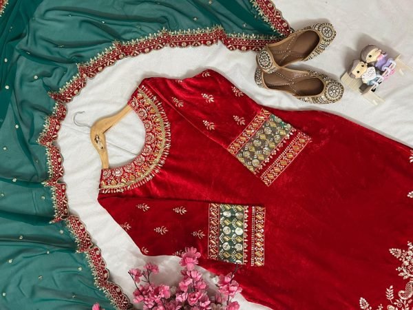 Red Designer Velvet Suit Palazzo Outfit with Embroidery Dupatta  for Winter Special Collection Ready To Wear Collection