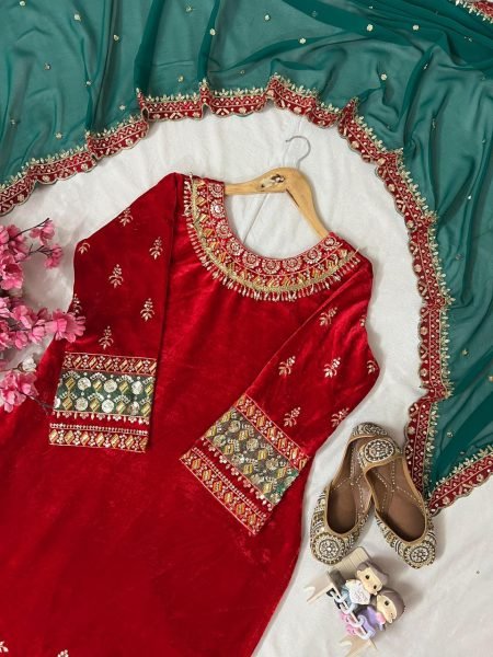 Red Designer Velvet Suit Palazzo Outfit with Embroidery Dupatta  for Winter Special Collection Ready To Wear Collection