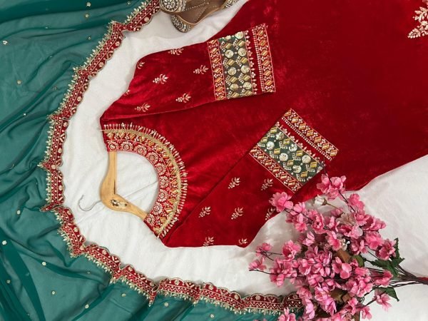 Red Designer Velvet Suit Palazzo Outfit with Embroidery Dupatta  for Winter Special Collection Ready To Wear Collection