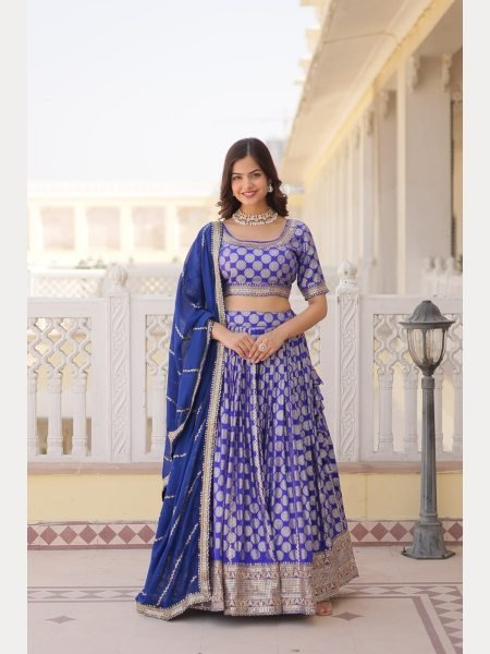 Blue Dyeable Pure Viscose Jacquard fabric Lehenga Choli With Sequence Work  Designer Lehenga Choli