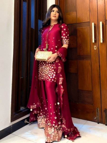 Red Elegance with Gold Accents Roman Silk Palazzo Set with Embroidery   Dupatta Party Ready 