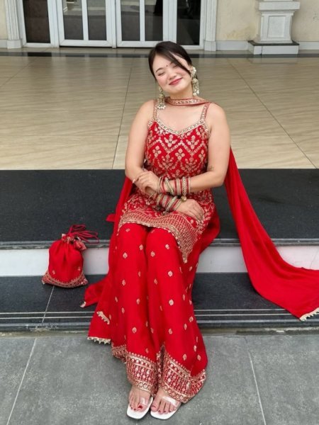 Red Faux Georgette Palazzo Suit with Embroidery Dupatta and Potli Premium Party Outfit for Women 
