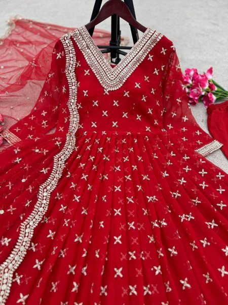 Red Faux Georgette Sequence Anarkali Gown  Ready To Wear Collection