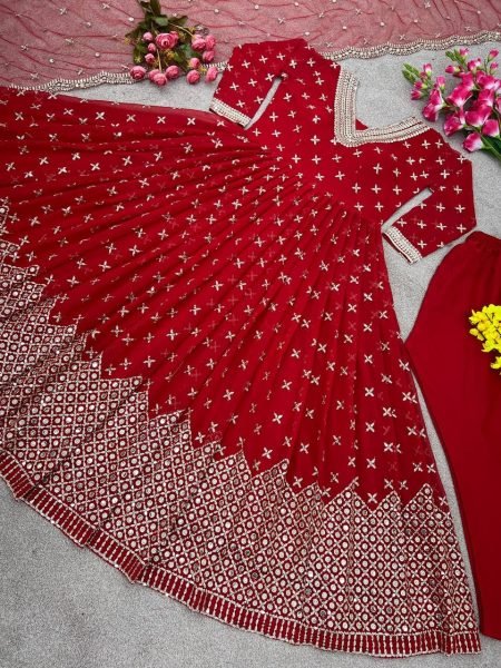 Red Faux Georgette Sequence Anarkali Gown  Ready To Wear Collection